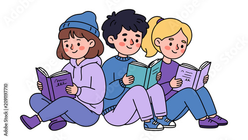 Konstfotografi Children Reading Books: Three young children, diverse in appearance and attire, sit together engrossed in reading books, their faces reflecting concentration and quiet delight