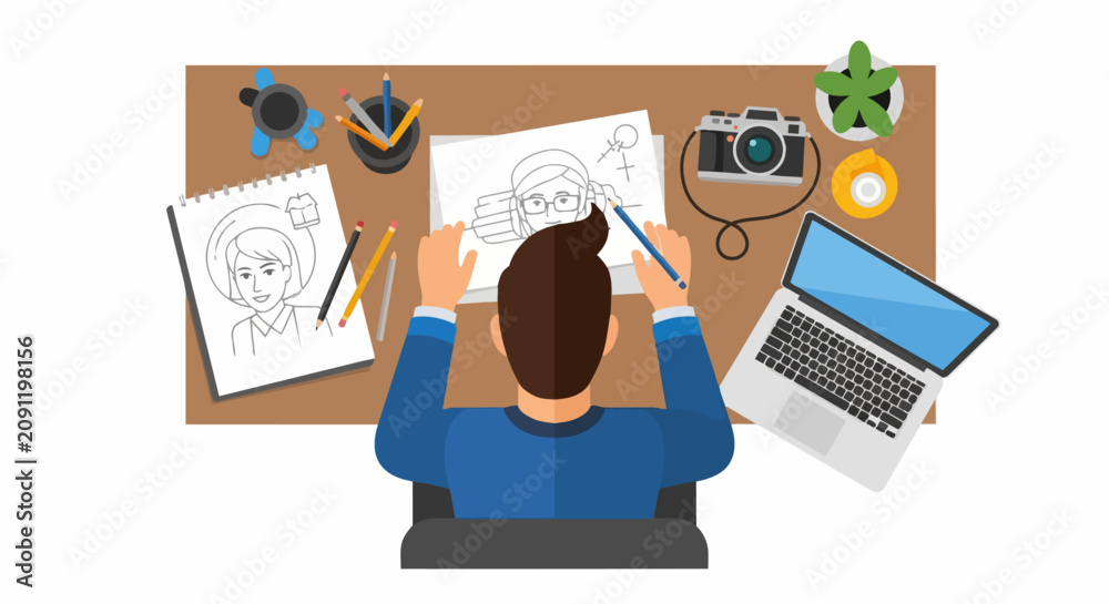 Fototapeta premium Top View Vector Illustration of an Artist Working at a Creative Desk with Laptop, Camera, and Sketchbooks