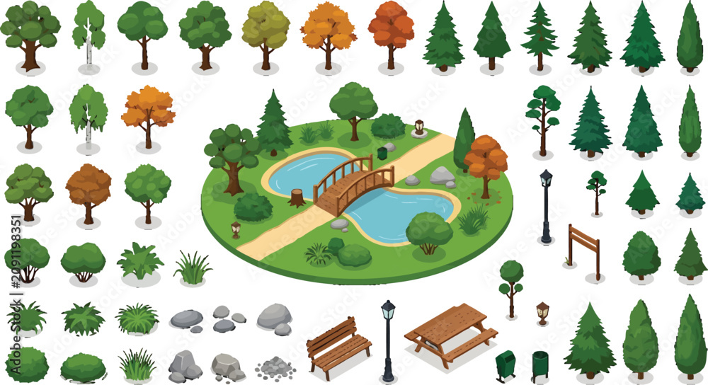Fototapeta premium Isometric park elements set with trees bushes benches and a pond for landscape design vector illustration