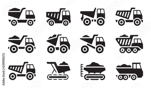 Fotografía Mining dump trucks vector icon set for heavy transport construction and industrial project