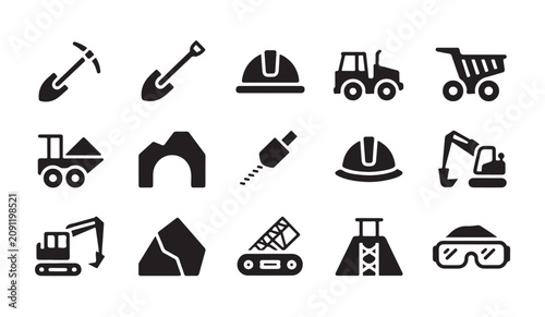 Bild auf Leinwand Heavy equipment and underground mining tools icons set for mineral extraction and geology