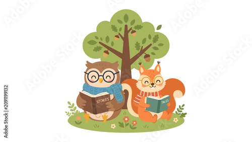 Canvastavla Wise Companions Under the Oak: An owl wearing glasses and a squirrel in a scarf sit peacefully under a leafy oak tree, engrossed in reading their books