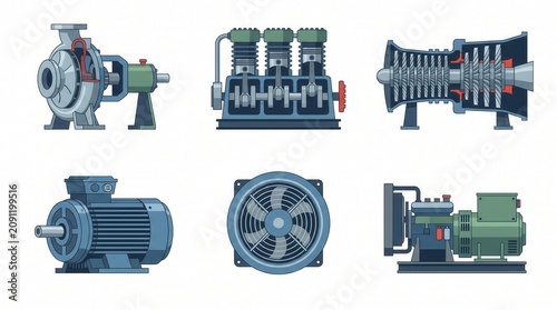 Industrial illustrations show pump, engine, turbine, motor, fan, generator