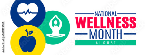 National Wellness Month banner vector template celebrated in August, with bold creative typography on the right and three large overlapping colorful circular health icons including a heartbeat, yoga m