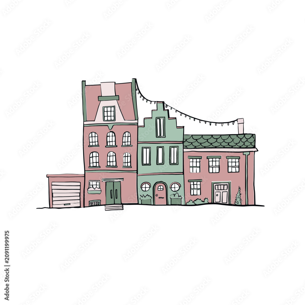 Naklejka premium Three terrace houses cartoon drawing in pink and green. Featuring fairy lights and a garage. Hand drawn.