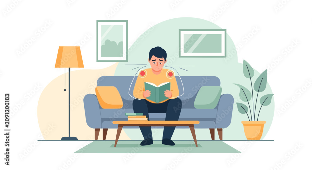 Fototapeta premium Relaxed man reading book on sofa, indoor home ambience