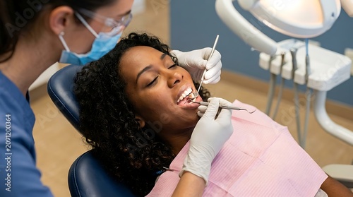 Dentist examines patient's teeth in clinic