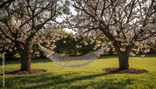 Hammock Hanging Between Trees With Pink Flowers During Sunny Day in Park