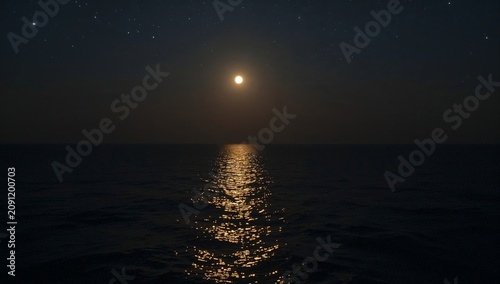 Moon Shines Over the Ocean at Night With Calm Water Reflecting the Light