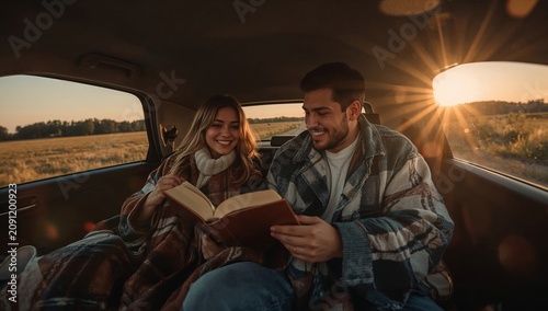 Couple Reads Book in Car During Sunset at Field in Autumn