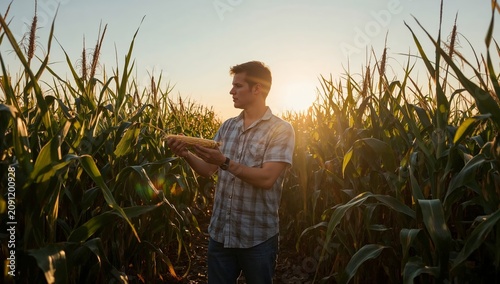 Young Man Inspects Corn Ears in a Field During Sunset in Summer