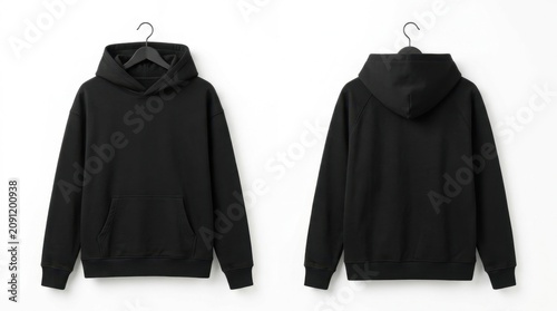 Blank black hoodie mockup, front and back view, isolated on white background. Empty casual unisex sweatshirt template for design presentation and e-commerce.