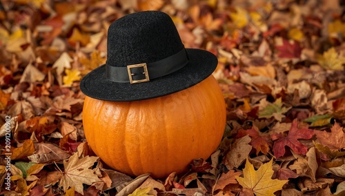 Pumpkin With Black Hat and Fall Leaves on a Table During Autumn Season