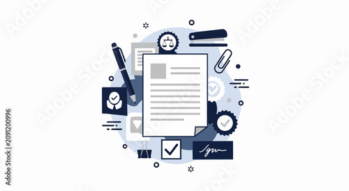 Modern Legal Document and Contract Management Flat Illustration with Scales of Justice, Pen, and Office Supplies