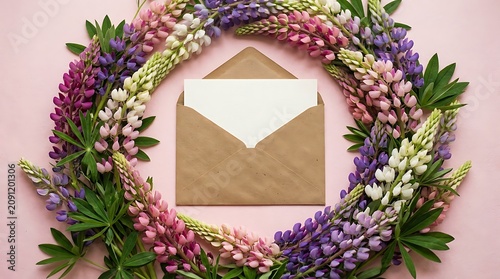 Floral Wreath Surrounds Brown Envelope on Pink Background