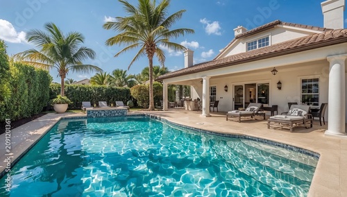 People Enjoying Time by the Pool in a Sunny Backyard With Palm Trees and a Ho...