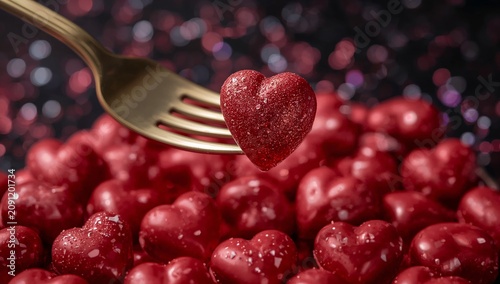 Fork Holds Red Heart Shape Candy Above Shiny Red Background Filled With More ...