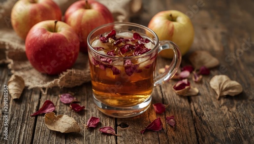 Warm Drink Sits Beside Fresh Apples and Dried Petals on Wooden Table During A...