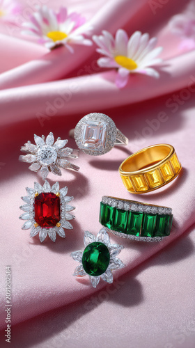 A collection of sparkling gemstone s with rubies, emeralds, and diamonds are displayed on a soft pink silk fabric surrounded by delicate white flowers.