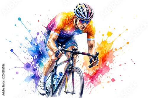 Professional cyclist racing in watercolor style