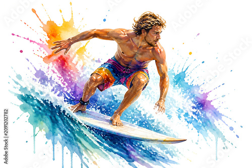 Surfer riding ocean wave in colorful watercolor illustration