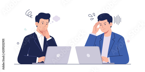 Photos Confusion in Collaboration: Two businessmen, one contemplative and the other stressed, sit at their laptops, facing a challenge that seems to cause both frustration and uncertainty