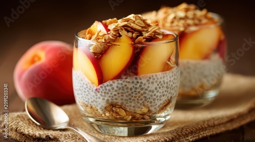 Peach Chia Seed Pudding Parfait: Layers of creamy chia seed pudding, ripe peach slices, and crunchy granola create a visually appealing and healthy breakfast or snack.