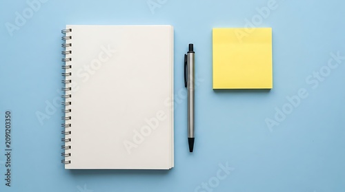 Spiral Notebook, Pen, and Yellow Sticky Note on Blue Background