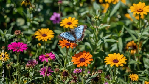 Butterfly Lands on Colorful Flowers in a Garden During a Sunny Day