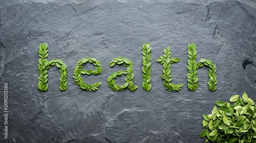 Fresh green sprouts forming the word health on dark textured stone background in close up minimalist style