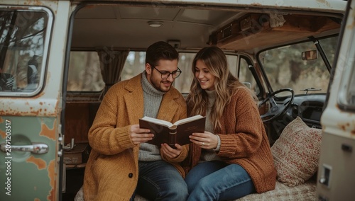 Couple Reads a Book Together While Sitting in an Old Truck in a Forest During...