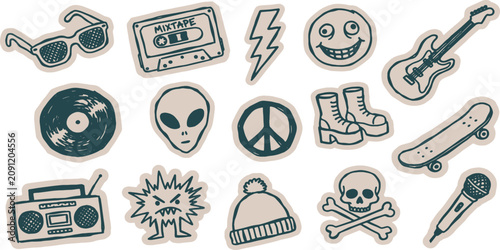 Konstfotografi A collection of hand-drawn, sketchy style stickers featuring iconic symbols of youth culture and music