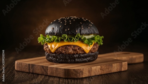 Unique Black Burger With Cheese and Lettuce Served on Wooden Board
