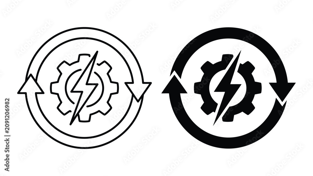 Obraz premium Renewable energy and power cycle vector icons with lightning bolt and gear