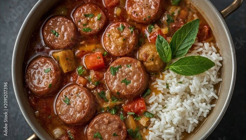 Cooking a Dish With Sausage, Vegetables, and Rice in a Pot on a Dark Surface