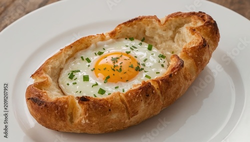 Egg Baked in Bread Served on a White Plate With Chives