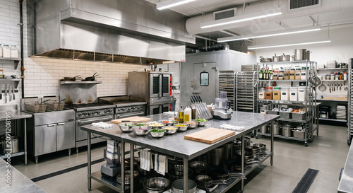 Commercial restaurant kitchen with central prep table, stainless steel shelves, cooking equipment, and organized work surfaces