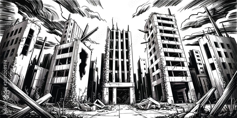 Εκτύπωση καμβά Post-apocalyptic cityscape, ruined buildings, grayscale illustration, destructio