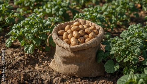 Sack of Harvested Fruit Sits on Path Between Green Plants in Garden