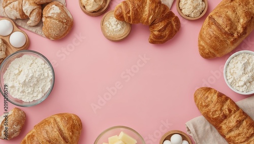 Bakery Items and Ingredients Arranged on a Pink Background for Cooking and Ba...