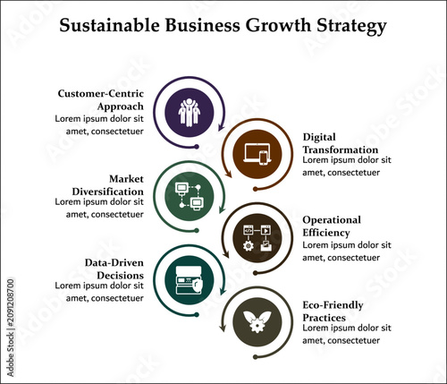 Six aspects of Sustainable business growth strategy. Infographic template with icons and description placeholder
