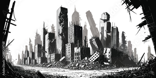 Obraz na plátně Post-apocalyptic cityscape, black and white illustration, urban destruction, dev