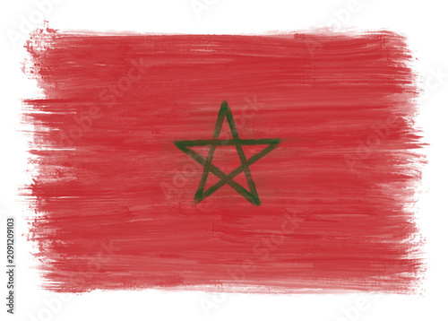 Hand-painted Moroccan flag with artistic ink brushstrokes, digital illustration, transparent PNG, vibrant national symbolic artwork.