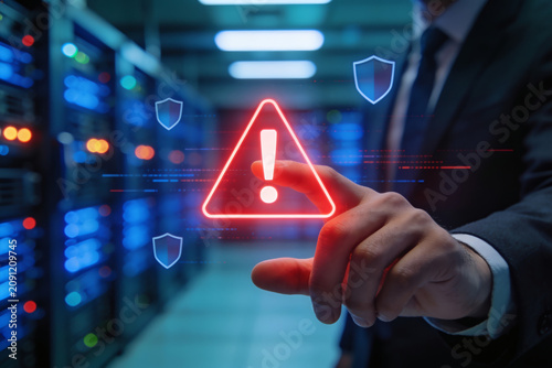 IT specialist touching red warning alert sign in modern server room data center.