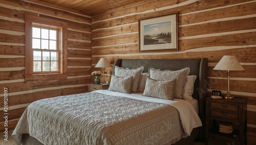 Cozy Bedroom With Wooden Walls and a Comfortable Bed Set in a Cabin