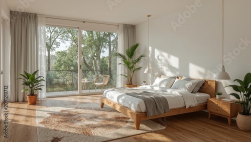 Modern Bedroom With Large Windows and Plants on a Sunny Day