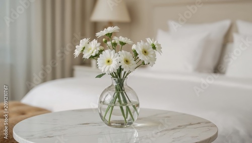 Fresh White Roses in a Clear Vase on a Table in a Bedroom With a Soft Bed and...