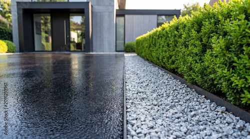 Modern driveway entrance with wet asphalt and decorative stone border.