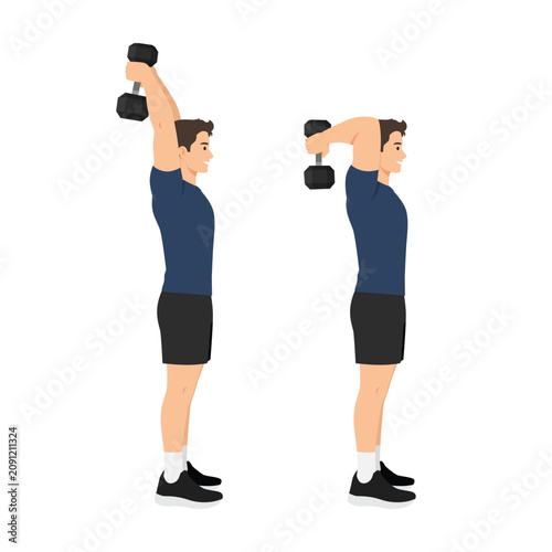 Man Performing Overhead Dumbbell Triceps Extension Exercise. Flat vector illustration isolated on white background