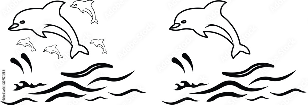Obraz premium Dolphin vector icon set jumping in ocean waves. dolphin leaping from ocean waves in a simple graphic style. dolphin icon collection with sea waves